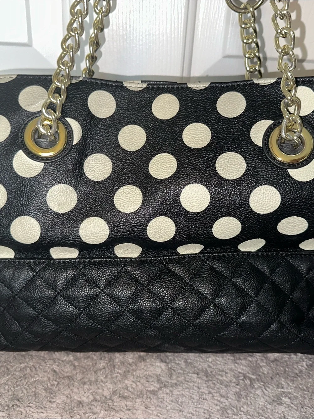Betsey Johnson Black & White Polka Dot Quilted Tote with Gold Chain Handles